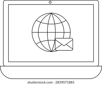 A laptop screen shows a globe and an email icon, symbolizing global communication and digital connectivity.