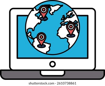A laptop screen shows a globe with three pins on it. The globe is blue and white. The pins are red and are located at different points on the globe