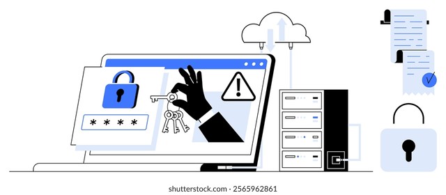 A laptop screen shows a hand holding keys, next to a lock icon and warning sign. A server, cloud, document, and padlock are also visible. Ideal for cybersecurity, data protection, encryption, online