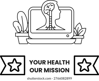 Laptop screen shows human head with brain and lungs. Plants flank the device, symbolizing wellness. Simple line art emphasizes health care focus. Mission statement anchors the image's purpose