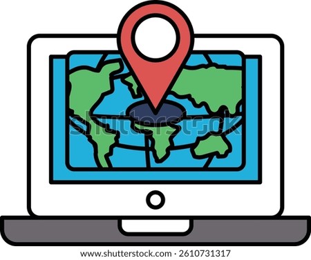 A laptop screen shows a map of the world with a red dot on it. The dot is labeled with a GPS coordinate, indicating the exact location of the dot