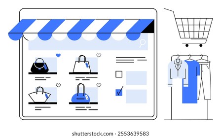 Laptop screen shows an online shopping page with handbags, alongside clothes on a rack and a shopping cart. Ideal for e-commerce, online retail, fashion, digital shopping, consumerism. Simple modern