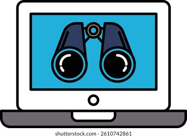 A laptop screen shows a pair of binoculars. The binoculars are black and blue, and they are positioned in the center of the screen. Concept of curiosity and exploration