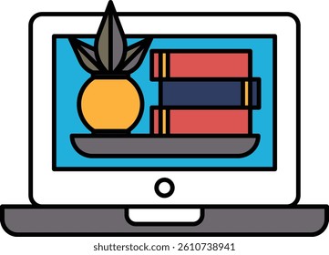 A laptop screen shows a plant and a stack of books. Concept of learning and growth, as the books represent knowledge and the plant symbolizes life and growth