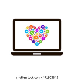 Laptop screen shows a set of icons in the shape of a heart. Omni Channel icon design. E-Commerce, Digital Marketing - vector. Business icons make heart shape. Heart contains frequently used icons.