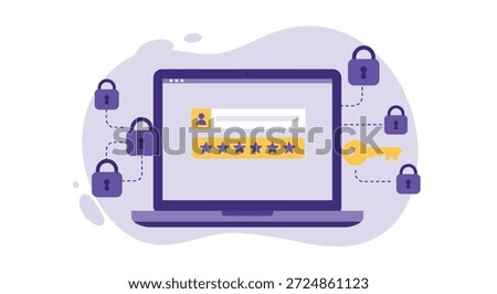A laptop screen shows a user profile and password field, surrounded by digital locks and a key, symbolizing online security and access.