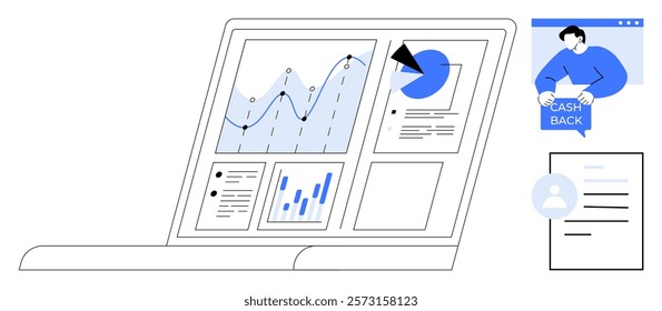 Laptop screen shows various analytical graphs, charts, and a cashback concept. Ideal for data analytics, financial reports, business planning, marketing strategies, e-commerce. Minimalistic vector