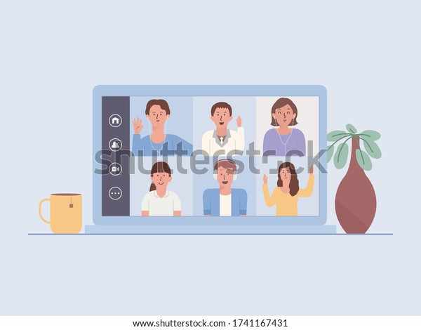 Laptop screen shows a video\
conference of a business team. People Meeting online via the\
internet. Illustration about the new normal and new behavior of\
work at home.