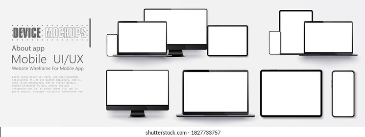 Laptop screen and smartphone. Screen computer monitor. Technology concept. . Set of Device Mock up Separate Groups and Layers.  For use in mockups and presentations. Vector illustration