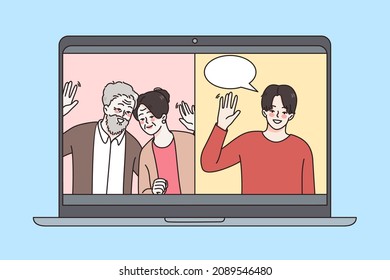 Laptop screen with smiling young guy talk on video call with elderly parents wave greeting. Happy mature mother and father have webcam digital communication with son on computer. Vector illustration. 
