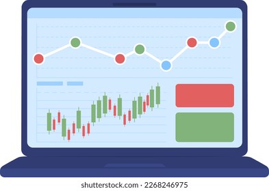 Laptop screen with stock charts semi flat color vector object. Trading platform. Editable element. Full sized icon on white. Simple cartoon style spot illustration for web graphic design and animation