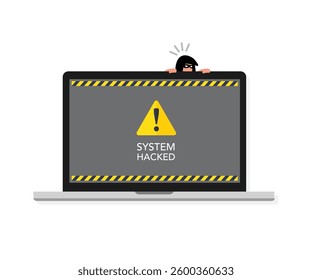 Laptop screen with SYSTEM HACKED warning and masked hacker peering through. Vector illustration
