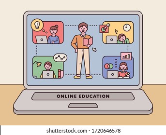 Pantalla del portátil. El profesor está enseñando en Internet, y los estudiantes están tomando clases en línea. ilustración vectorial mínima de diseño plano.