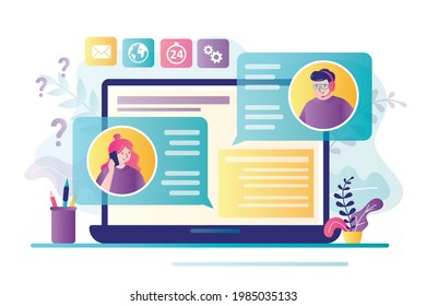 Laptop screen with text messages. Male operator in headphones talking with female client. Woman user communicates with support service. Hotline, call center. Feedback concept. Flat Vector illustration