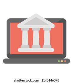 A laptop screen with three pillar building showing the concept online university 