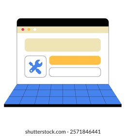 Laptop Screen With Tool Icon In Flat Vector Illustration Symbolizing Technical Support, Online Services, And Website Maintenance, Isolated On White Background.