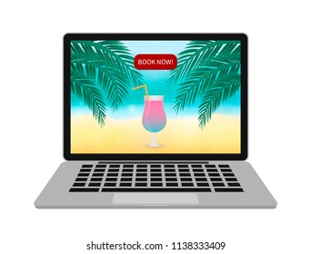 Laptop screen with Tropical beach, Palm leaves and a glass of cocktail isolated on white. Online booking and internet travel agency concept. Easy to edit vector template for your design projects.