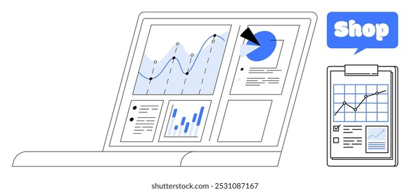 Tela de notebook com vários gráficos de negócios e gráficos. Ideal para análise de dados, e-commerce, estratégia de negócios, pesquisa de mercado, gerenciamento de varejo. Usadas cores azul claro e preto. Vetor simples