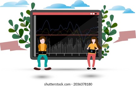Laptop screen vector illustration, with graphs, investments, stocks, with women and men playing laptops floating in the air.