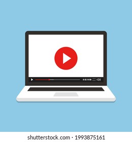 Laptop screen with video player in carton style. Watch online video in screen computer.  Vector illustration.