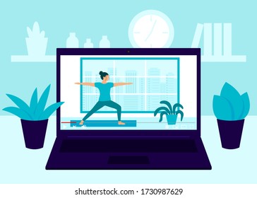 Laptop screen video of yoga exercise at home. Young woman workout, practicing yoga in room, relaxing exercise at home. Video online girl performs aerobics exercise and meditation at home. Vector