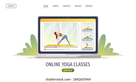 Laptop screen with videos of people doing yoga exercises on the mat. Online yoga classes, wellness, healthy lifestyle, sport, fitness concept. Vector illustration for poster, banner, website.