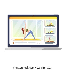 Laptop screen with videos of people doing yoga exercises on the mat. Online yoga classes, wellness, healthy lifestyle, sport, fitness concept. Isolated vector illustration.