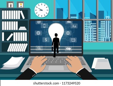 Laptop screen view of a businessman standing in front of the screen. walk up the stair to the door light bulb. step up the ladder to success goal. leadership. business finance concept