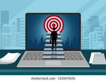 Laptop screen view computer of a Businessmen walk up the stair go to goal. step up the ladder to success goal in life and progress in the job. business finance concept. vector illustration