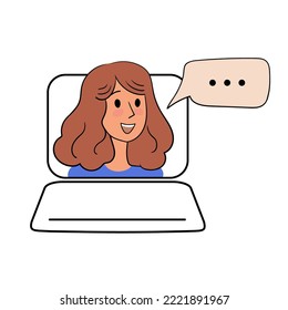 Laptop screen view of a woman having a remote conversation, video call, message.Online training.Concept for trainings, seminars, online courses. Educational and Self-Development.Vector.