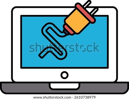 A laptop screen with a wire plugged into it. The wire is connected to a power source. Concept of technology and the importance of electricity in powering devices