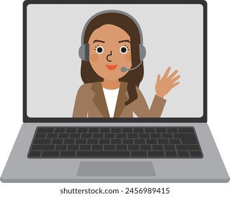 Laptop screen of an woman wearing a headset and suit and making a video call