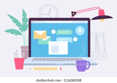 The laptop screen and working place illustration. Flat line design. Laptop and different items including cup, tree, flower, lamp, pencil. Letters on the screen. Good business illustration. 