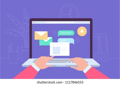 The laptop screen and working place illustration. Flat line design. Laptop and different items including cup, tree, flower, lamp, pencil. Letters on the screen. Good business illustration. 