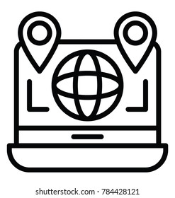 A laptop screen with world globe and location pointer, concept of business location