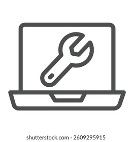 Laptop screen with wrench line icon, repair service concept. Vector graphics. Computer repair, system message sign on white background, outline style icon for mobile or web design