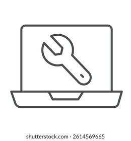 Laptop screen with wrench thin line icon, repair service concept. Vector graphics. Computer repair, system message sign on white background, linear style icon for mobile or web design