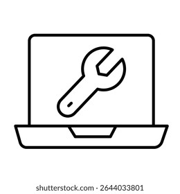 Laptop screen with wrench thin line icon, repair service concept. Vector graphics. Computer repair, system message sign on white background, style mobile or design