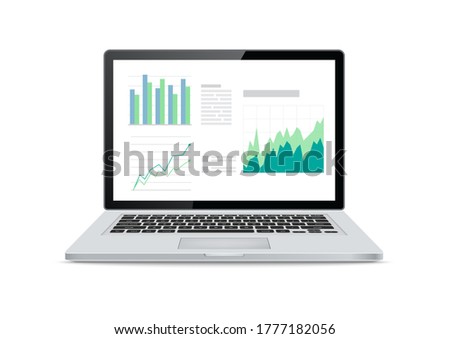 Laptop screens with financial charts and graphs on white background. Vector Illustration.