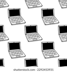 Laptop seamless vector pattern. Device for games, web, office. Open wireless notebook with screen, keyboard. Simple doodle, sketch. Gadget in perspective view. Background for posters, packaging