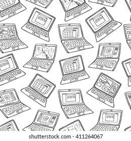Laptop seamless vector pattern. Hand drawn notebook