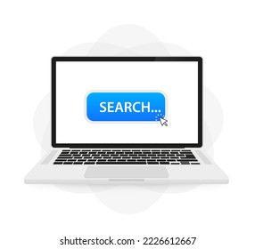 Un portátil con un botón de búsqueda, un cursor que hace clic en el botón. Ilustración del vector