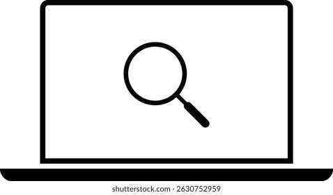 laptop with search icon. find information idea. Screen and Magnifying Glass icon. programming analysis. online update support. Browser symbol
