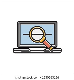 Laptop with search icon in a flat design in black color. Vector illustration