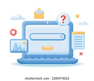 Laptop with search line or bubble. Navigation search for browser, template, website, analysis concept. 3d Vector illustration.
