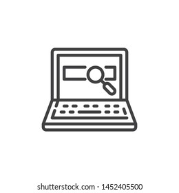 Laptop search line icon. linear style sign for mobile concept and web design. Laptop screen with magnifier outline vector icon. Symbol, logo illustration. Vector graphics