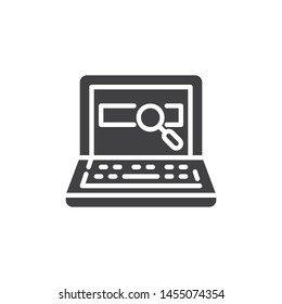Laptop search vector icon. filled flat sign for mobile concept and web design. Laptop screen with magnifier glyph icon. Symbol, logo illustration. Vector graphics