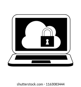 Laptop with secure cloud in black and white