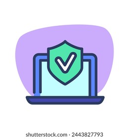 Laptop secured from cyber-attack thin line icon. Shield, antivirus, laptop isolated outline sign. Technology and insurance concept. Vector illustration symbol element for web design and apps