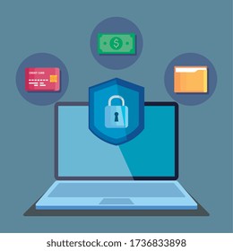 seguridad de portátiles con iconos financieros diseño de ilustración vectorial